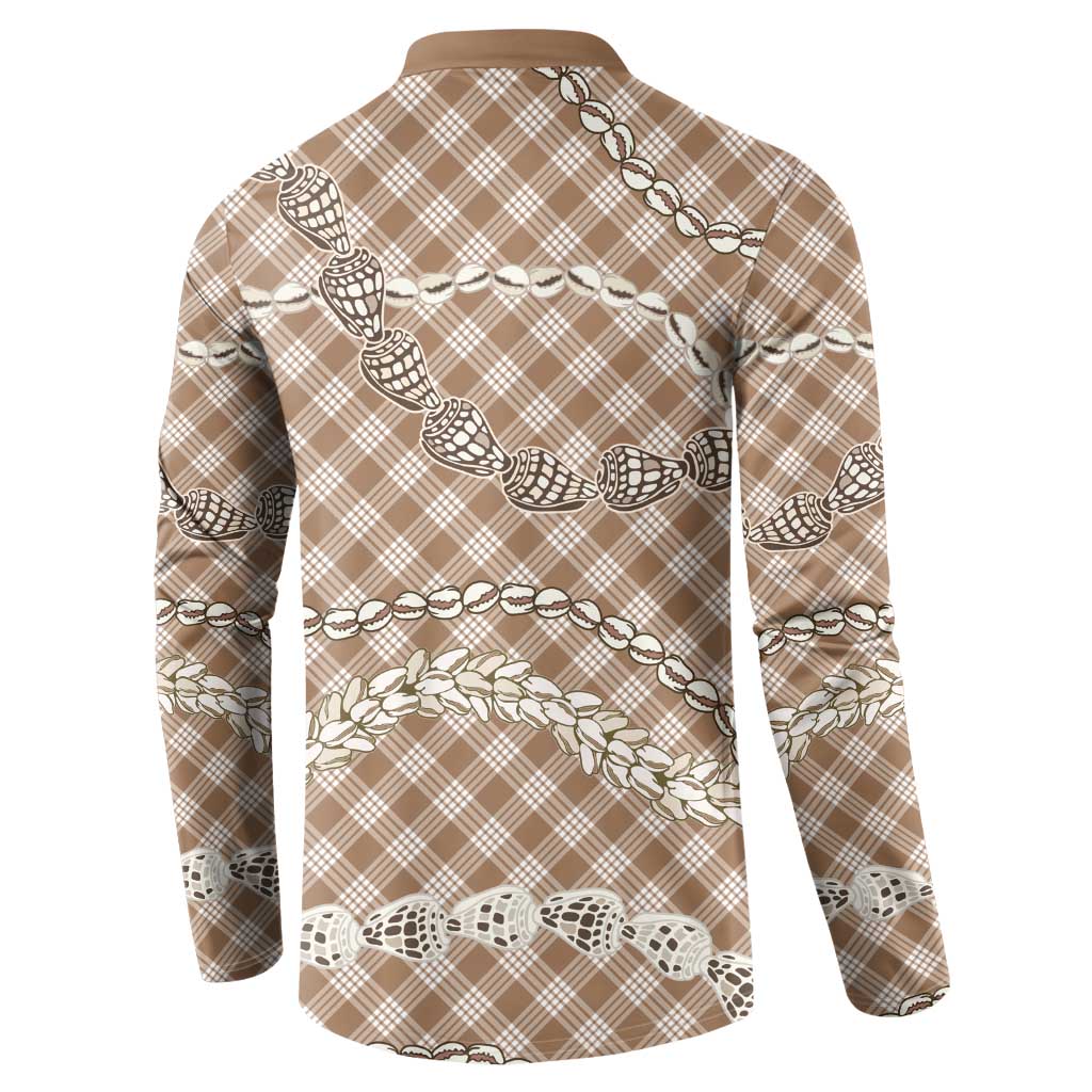 Brown Aloha Hawaii Shell Lei Button Sweatshirt Palaka Hebrew Cone Honey Cowrie Elegant Curves - Polynesian Pride