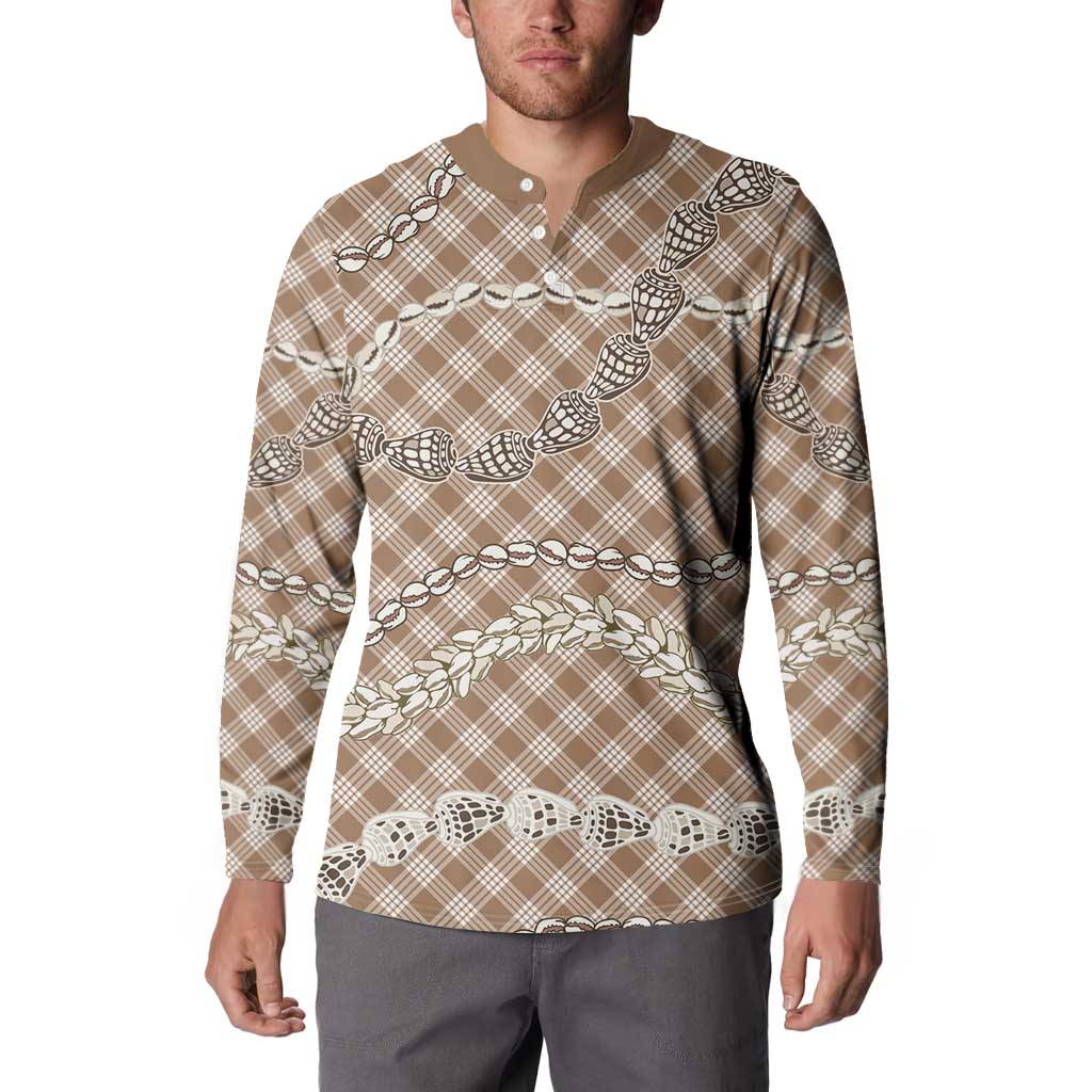 Brown Aloha Hawaii Shell Lei Button Sweatshirt Palaka Hebrew Cone Honey Cowrie Elegant Curves - Polynesian Pride