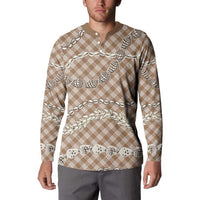 Brown Aloha Hawaii Shell Lei Button Sweatshirt Palaka Hebrew Cone Honey Cowrie Elegant Curves - Polynesian Pride