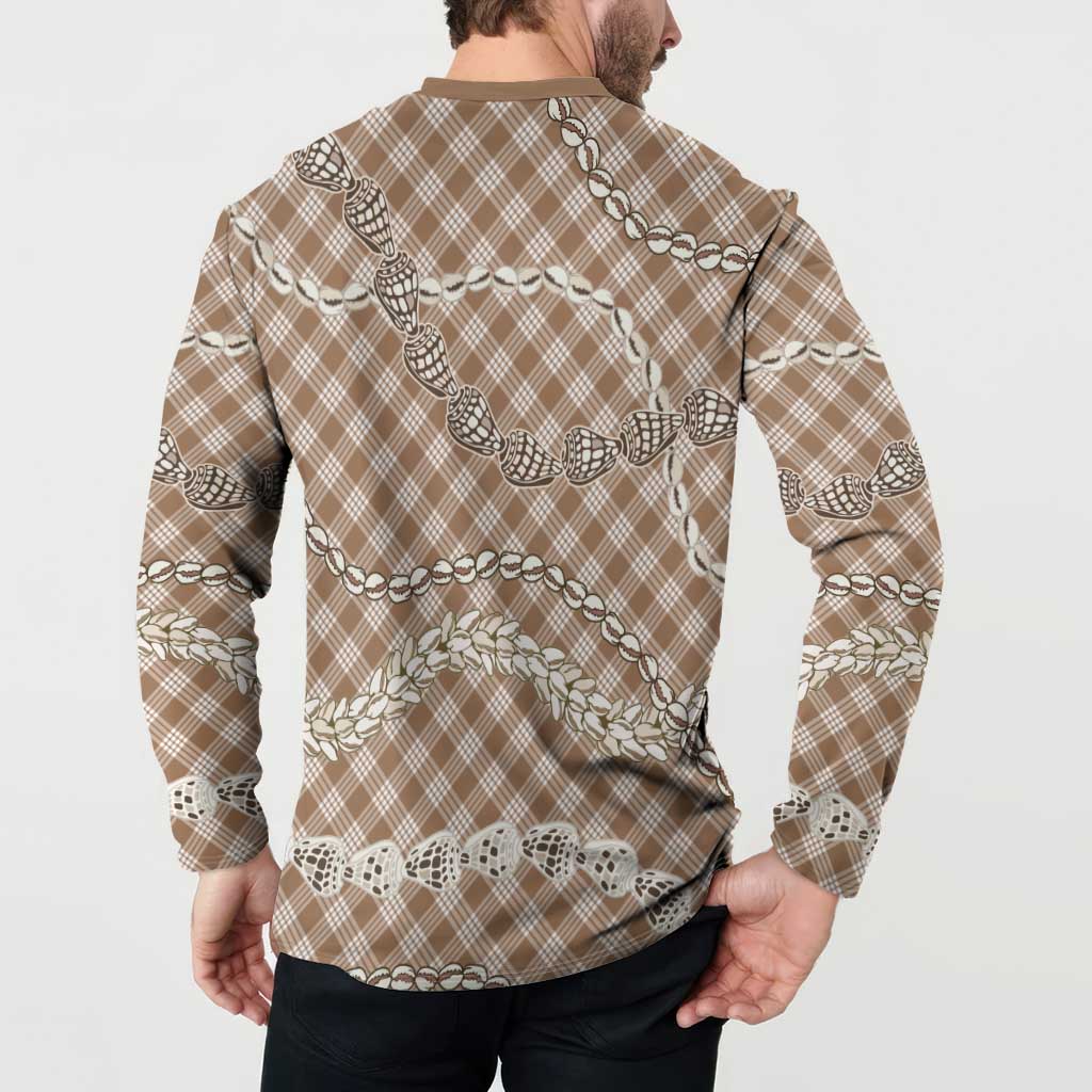 Brown Aloha Hawaii Shell Lei Button Sweatshirt Palaka Hebrew Cone Honey Cowrie Elegant Curves - Polynesian Pride