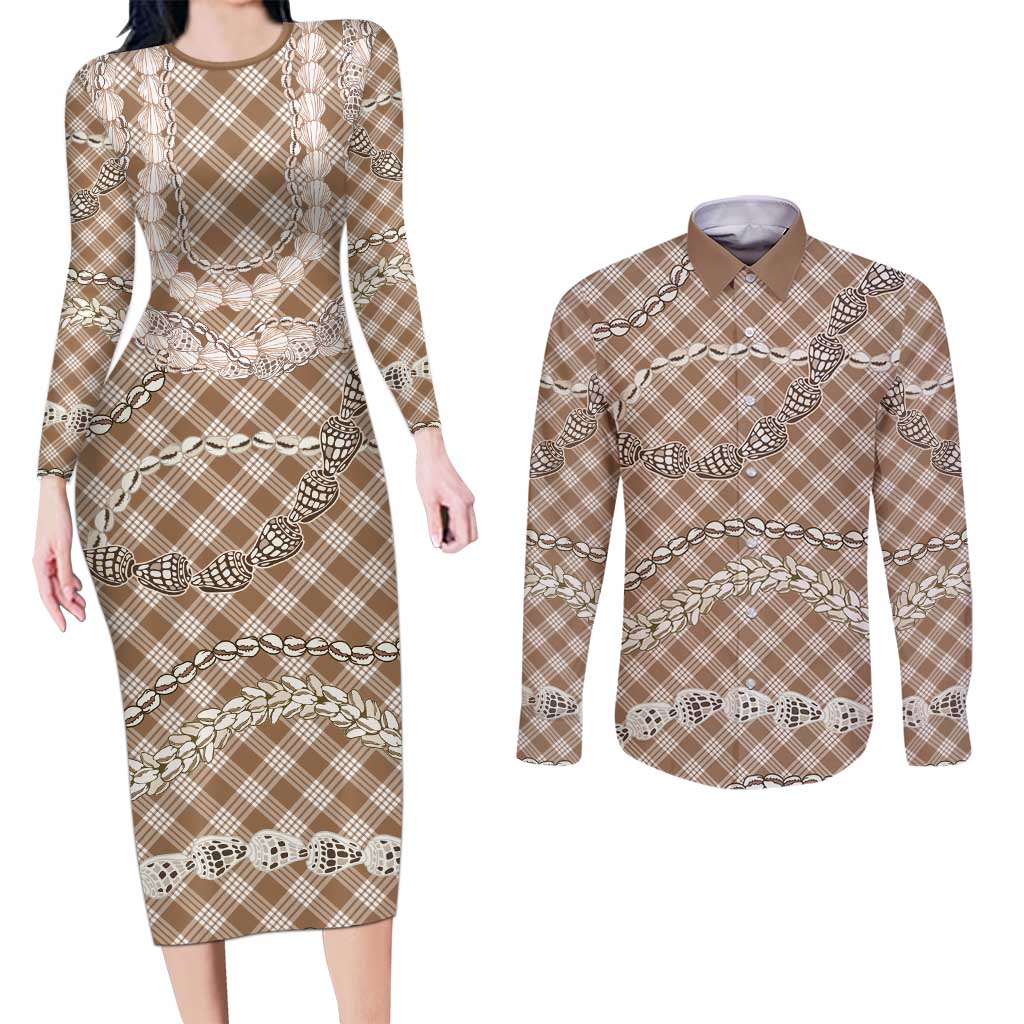 Brown Aloha Hawaii Shell Lei Couples Matching Long Sleeve Bodycon Dress and Long Sleeve Button Shirt Palaka Hebrew Cone Honey Cowrie Elegant Curves LT14 Brown - Polynesian Pride
