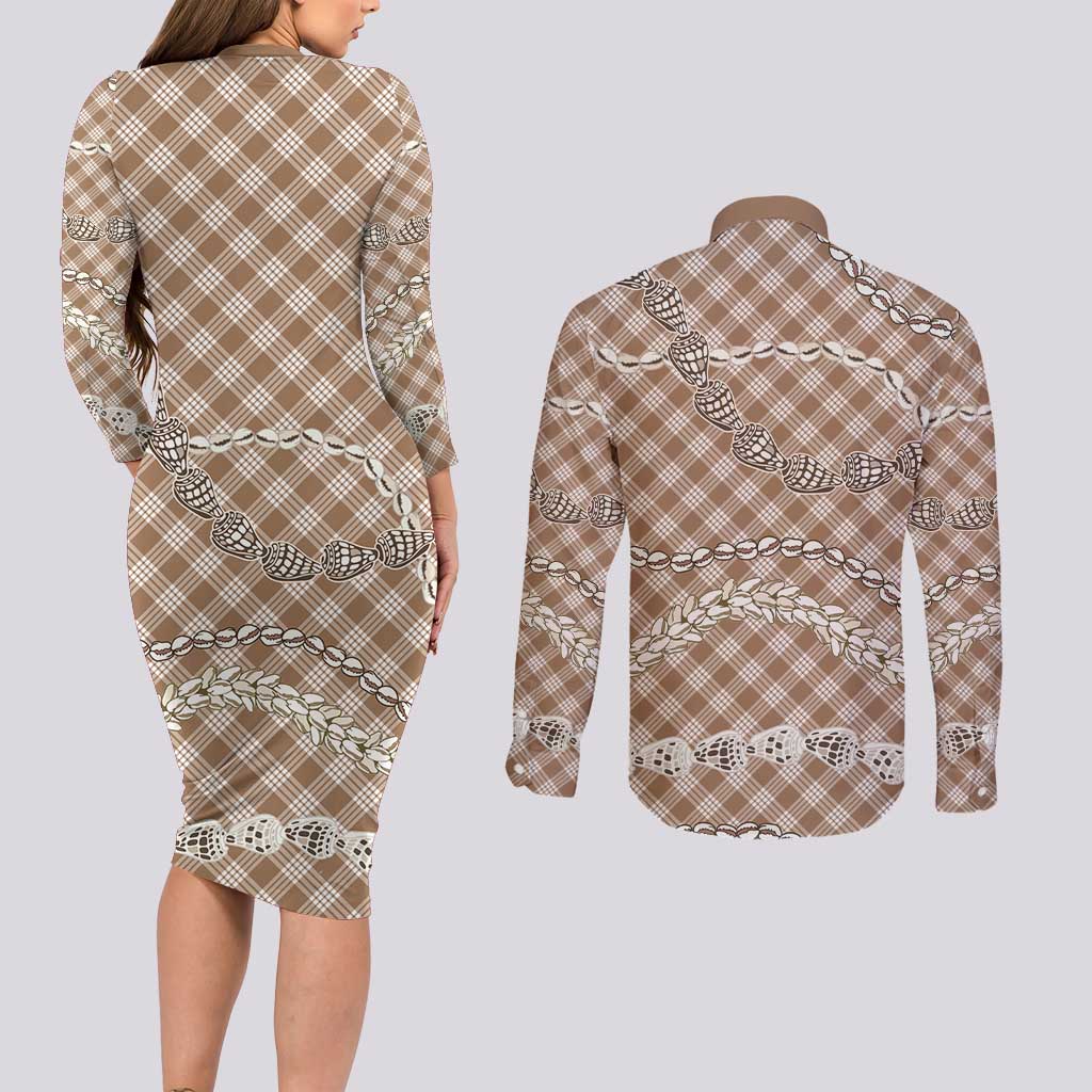 Brown Aloha Hawaii Shell Lei Couples Matching Long Sleeve Bodycon Dress and Long Sleeve Button Shirt Palaka Hebrew Cone Honey Cowrie Elegant Curves LT14 - Polynesian Pride