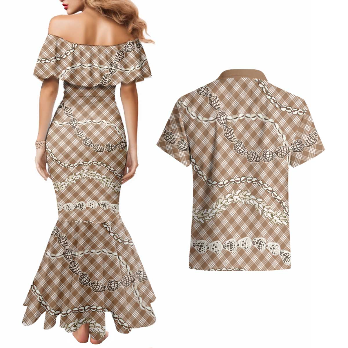 Brown Aloha Hawaii Shell Lei Couples Matching Mermaid Dress and Hawaiian Shirt Palaka Hebrew Cone Honey Cowrie Elegant Curves LT14 - Polynesian Pride