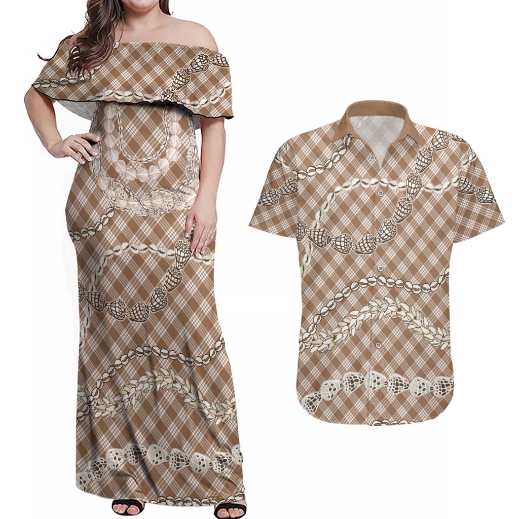 Brown Aloha Hawaii Shell Lei Couples Matching Off Shoulder Maxi Dress and Hawaiian Shirt Palaka Hebrew Cone Honey Cowrie Elegant Curves - Polynesian Pride