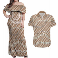 Brown Aloha Hawaii Shell Lei Couples Matching Off Shoulder Maxi Dress and Hawaiian Shirt Palaka Hebrew Cone Honey Cowrie Elegant Curves LT14 Brown - Polynesian Pride
