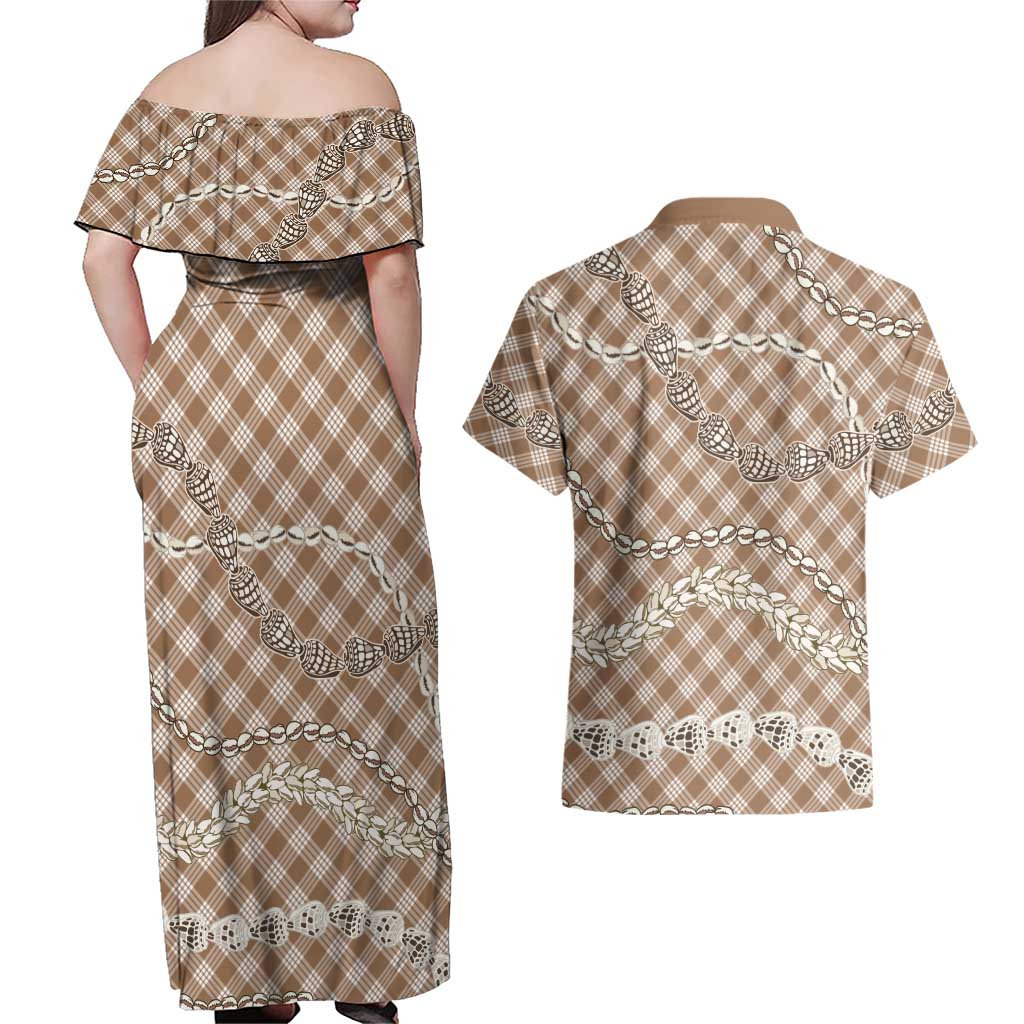 Brown Aloha Hawaii Shell Lei Couples Matching Off Shoulder Maxi Dress and Hawaiian Shirt Palaka Hebrew Cone Honey Cowrie Elegant Curves LT14 - Polynesian Pride