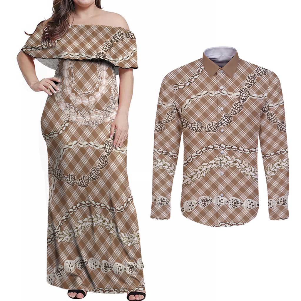 Brown Aloha Hawaii Shell Lei Couples Matching Off Shoulder Maxi Dress and Long Sleeve Button Shirt Palaka Hebrew Cone Honey Cowrie Elegant Curves LT14 Brown - Polynesian Pride