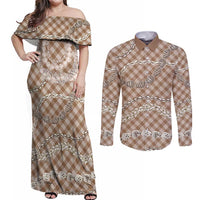 Brown Aloha Hawaii Shell Lei Couples Matching Off Shoulder Maxi Dress and Long Sleeve Button Shirt Palaka Hebrew Cone Honey Cowrie Elegant Curves LT14 Brown - Polynesian Pride