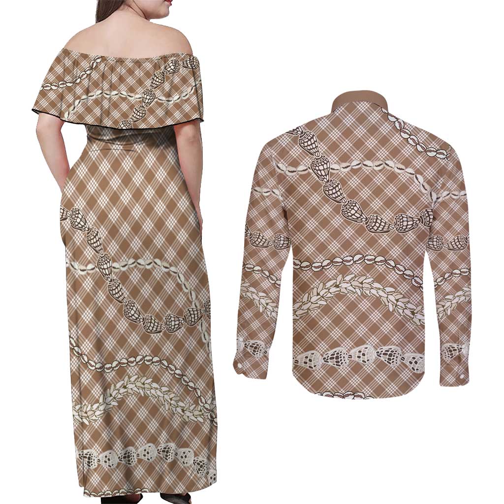 Brown Aloha Hawaii Shell Lei Couples Matching Off Shoulder Maxi Dress and Long Sleeve Button Shirt Palaka Hebrew Cone Honey Cowrie Elegant Curves LT14 - Polynesian Pride