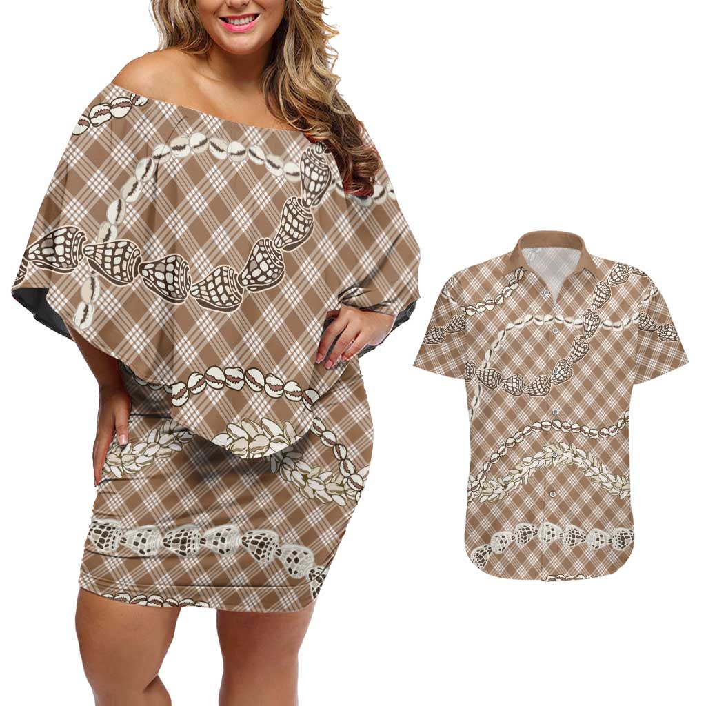 Brown Aloha Hawaii Shell Lei Couples Matching Off Shoulder Short Dress and Hawaiian Shirt Palaka Hebrew Cone Honey Cowrie Elegant Curves LT14 Brown - Polynesian Pride
