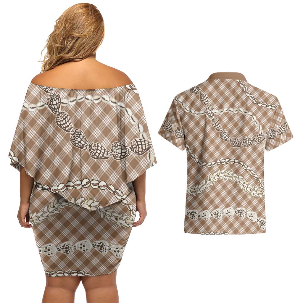 Brown Aloha Hawaii Shell Lei Couples Matching Off Shoulder Short Dress and Hawaiian Shirt Palaka Hebrew Cone Honey Cowrie Elegant Curves LT14 - Polynesian Pride