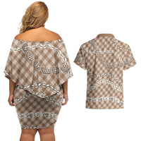 Brown Aloha Hawaii Shell Lei Couples Matching Off Shoulder Short Dress and Hawaiian Shirt Palaka Hebrew Cone Honey Cowrie Elegant Curves LT14 - Polynesian Pride