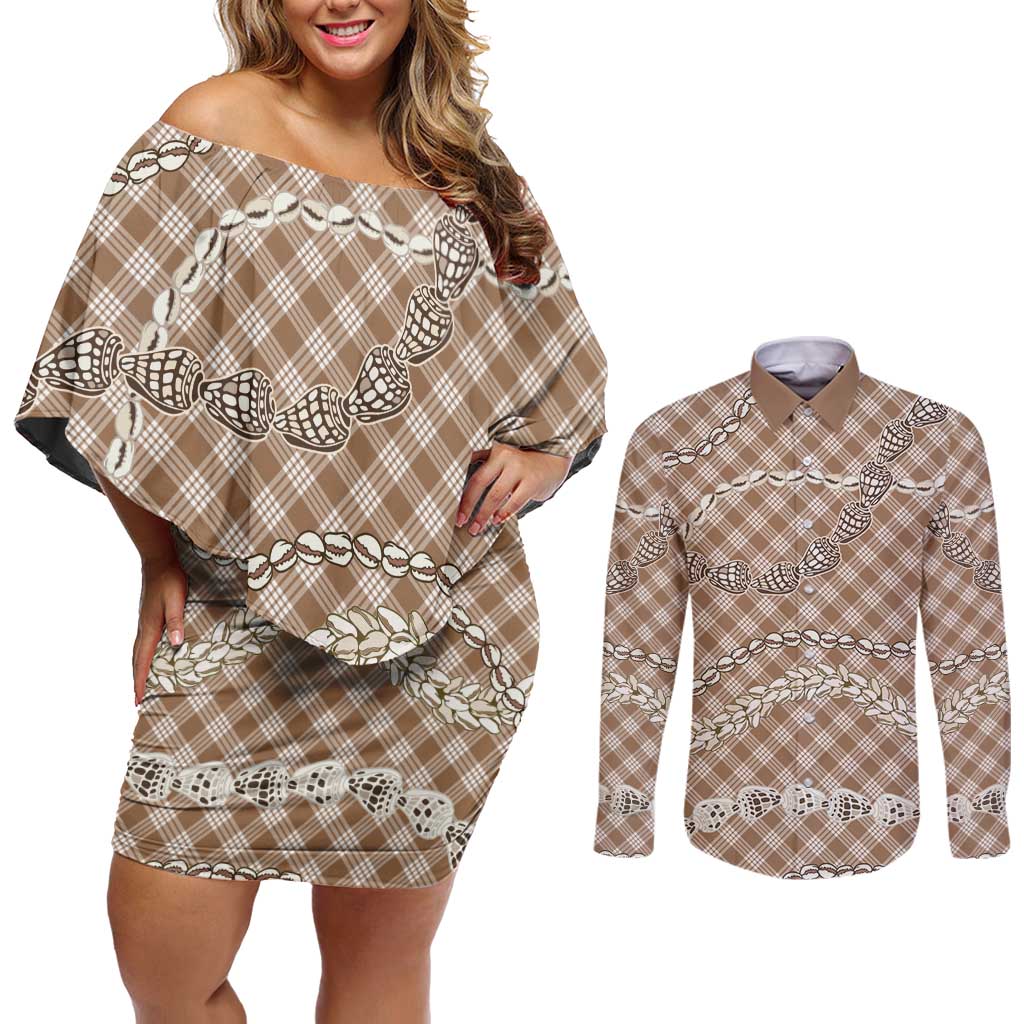 Brown Aloha Hawaii Shell Lei Couples Matching Off Shoulder Short Dress and Long Sleeve Button Shirt Palaka Hebrew Cone Honey Cowrie Elegant Curves LT14 Brown - Polynesian Pride