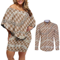 Brown Aloha Hawaii Shell Lei Couples Matching Off Shoulder Short Dress and Long Sleeve Button Shirt Palaka Hebrew Cone Honey Cowrie Elegant Curves LT14 Brown - Polynesian Pride