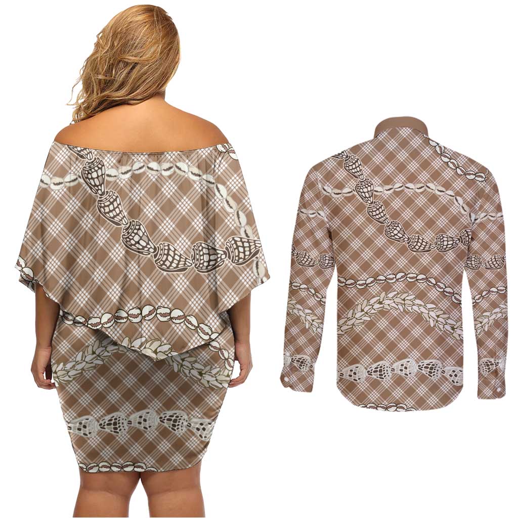 Brown Aloha Hawaii Shell Lei Couples Matching Off Shoulder Short Dress and Long Sleeve Button Shirt Palaka Hebrew Cone Honey Cowrie Elegant Curves LT14 - Polynesian Pride