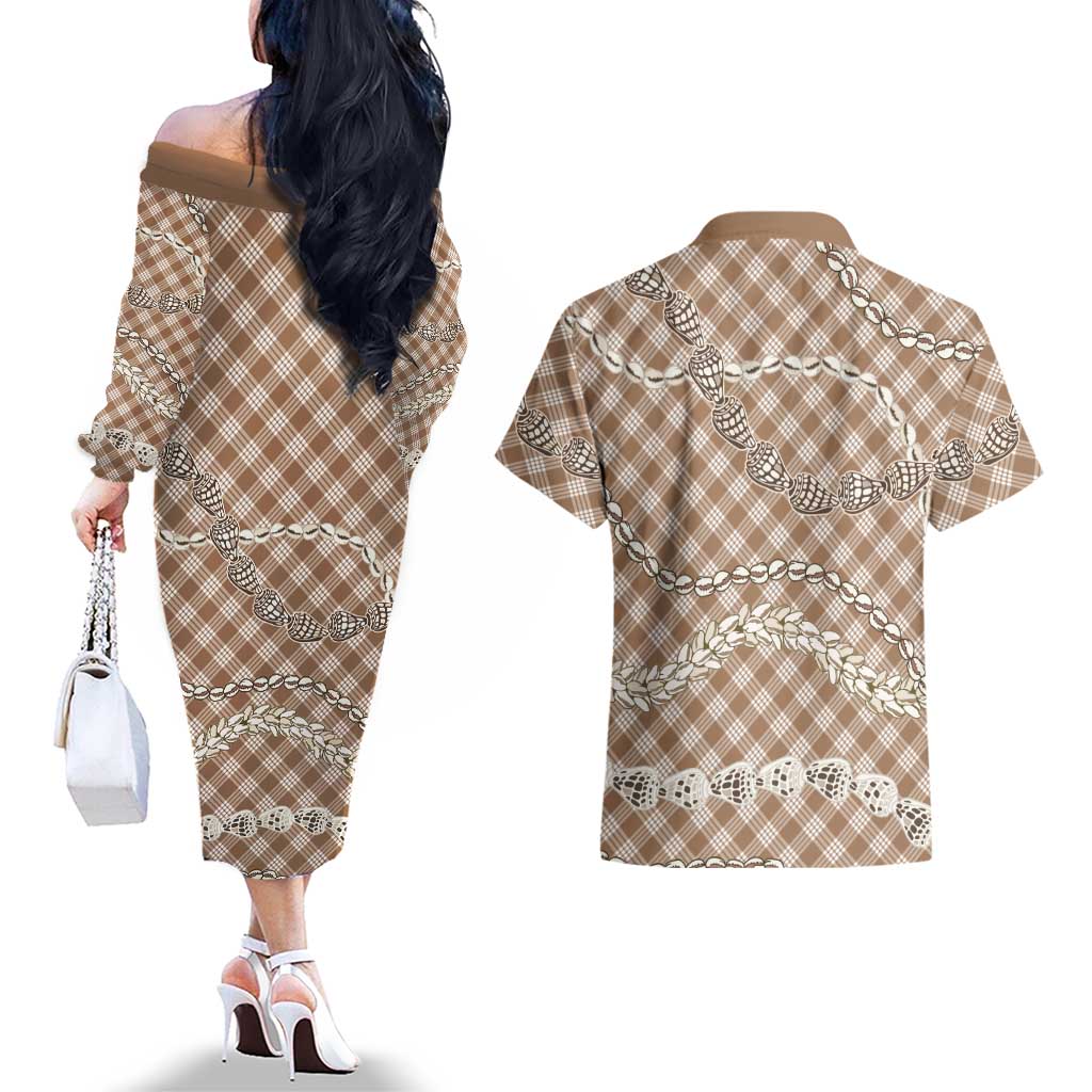 Brown Aloha Hawaii Shell Lei Couples Matching Off The Shoulder Long Sleeve Dress and Hawaiian Shirt Palaka Hebrew Cone Honey Cowrie Elegant Curves LT14 - Polynesian Pride