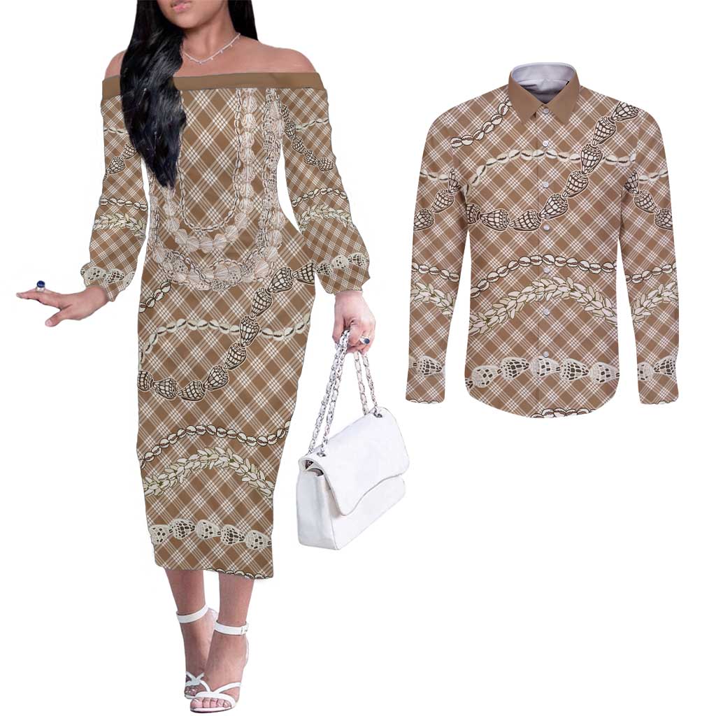 Brown Aloha Hawaii Shell Lei Couples Matching Off The Shoulder Long Sleeve Dress and Long Sleeve Button Shirt Palaka Hebrew Cone Honey Cowrie Elegant Curves LT14 Brown - Polynesian Pride