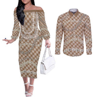 Brown Aloha Hawaii Shell Lei Couples Matching Off The Shoulder Long Sleeve Dress and Long Sleeve Button Shirt Palaka Hebrew Cone Honey Cowrie Elegant Curves LT14 Brown - Polynesian Pride