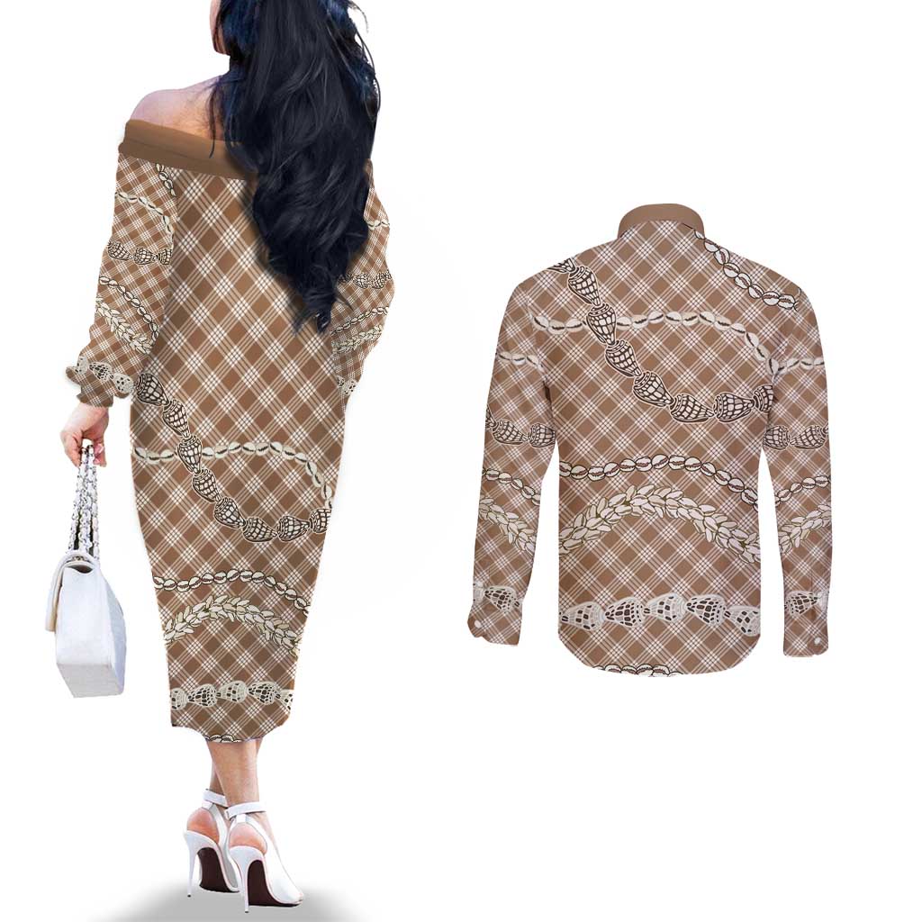 Brown Aloha Hawaii Shell Lei Couples Matching Off The Shoulder Long Sleeve Dress and Long Sleeve Button Shirt Palaka Hebrew Cone Honey Cowrie Elegant Curves LT14 - Polynesian Pride