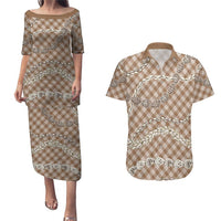Brown Aloha Hawaii Shell Lei Couples Matching Puletasi and Hawaiian Shirt Palaka Hebrew Cone Honey Cowrie Elegant Curves LT14 Brown - Polynesian Pride