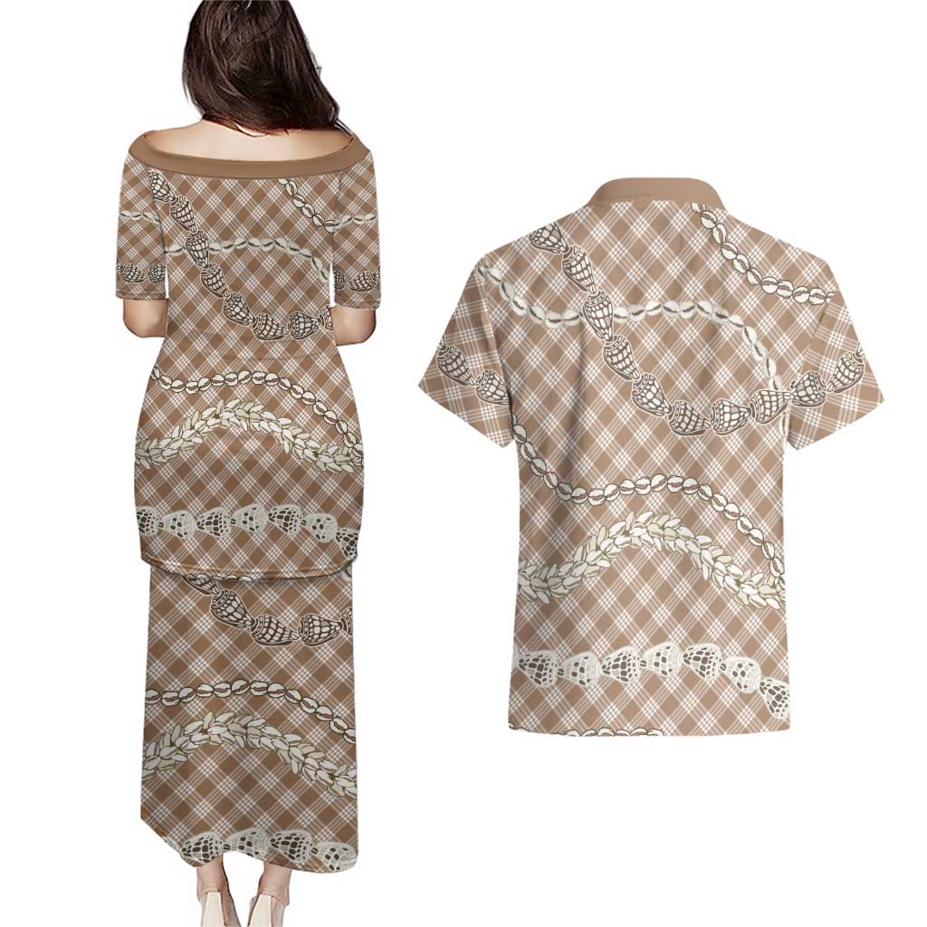 Brown Aloha Hawaii Shell Lei Couples Matching Puletasi and Hawaiian Shirt Palaka Hebrew Cone Honey Cowrie Elegant Curves LT14 - Polynesian Pride