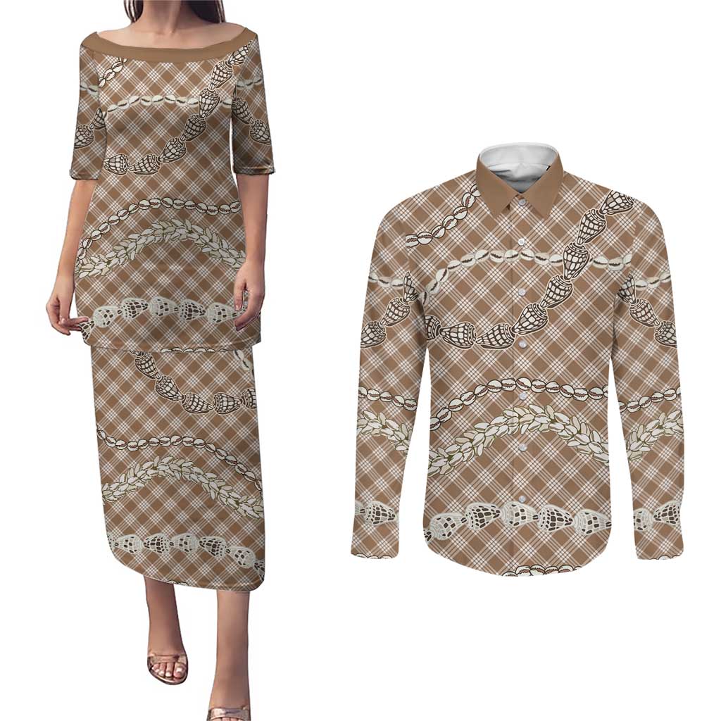 Brown Aloha Hawaii Shell Lei Couples Matching Puletasi and Long Sleeve Button Shirt Palaka Hebrew Cone Honey Cowrie Elegant Curves - Polynesian Pride