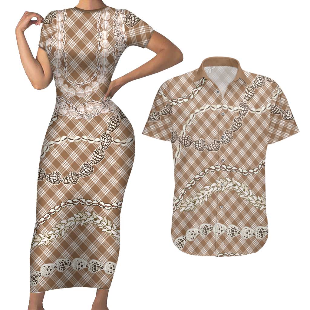 Brown Aloha Hawaii Shell Lei Couples Matching Short Sleeve Bodycon Dress and Hawaiian Shirt Palaka Hebrew Cone Honey Cowrie Elegant Curves LT14 Brown - Polynesian Pride