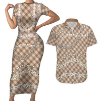 Brown Aloha Hawaii Shell Lei Couples Matching Short Sleeve Bodycon Dress and Hawaiian Shirt Palaka Hebrew Cone Honey Cowrie Elegant Curves LT14 Brown - Polynesian Pride