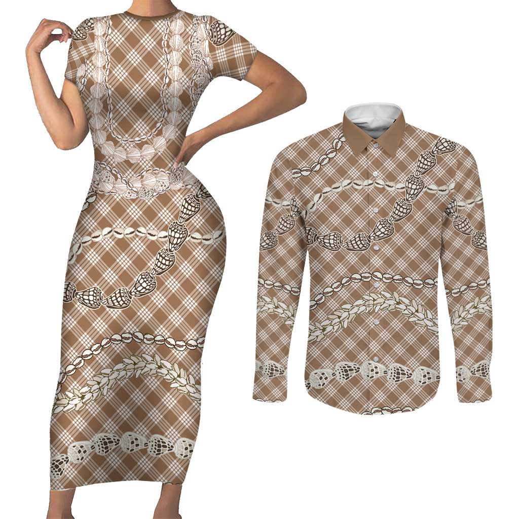 Brown Aloha Hawaii Shell Lei Couples Matching Short Sleeve Bodycon Dress and Long Sleeve Button Shirt Palaka Hebrew Cone Honey Cowrie Elegant Curves - Polynesian Pride