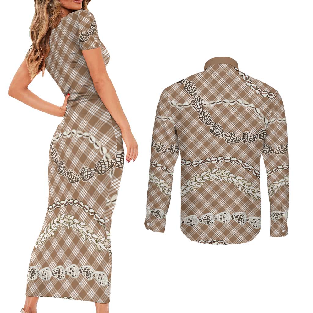 Brown Aloha Hawaii Shell Lei Couples Matching Short Sleeve Bodycon Dress and Long Sleeve Button Shirt Palaka Hebrew Cone Honey Cowrie Elegant Curves LT14 - Polynesian Pride