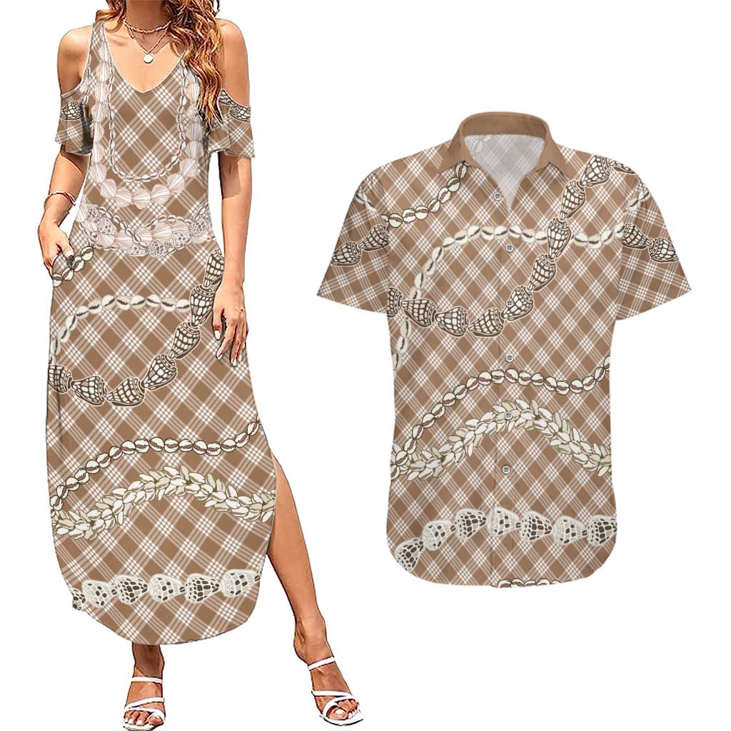 Brown Aloha Hawaii Shell Lei Couples Matching Summer Maxi Dress and Hawaiian Shirt Palaka Hebrew Cone Honey Cowrie Elegant Curves LT14 Brown - Polynesian Pride