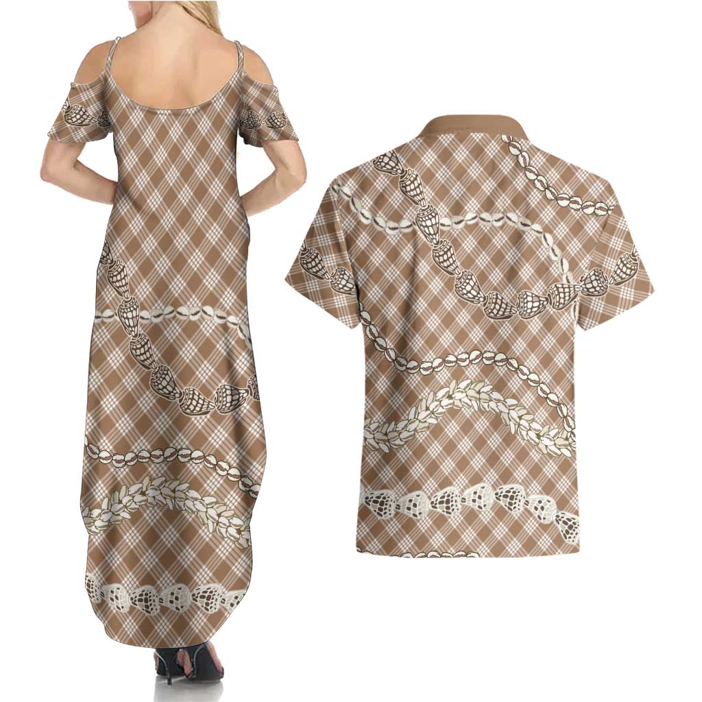 Brown Aloha Hawaii Shell Lei Couples Matching Summer Maxi Dress and Hawaiian Shirt Palaka Hebrew Cone Honey Cowrie Elegant Curves LT14 - Polynesian Pride