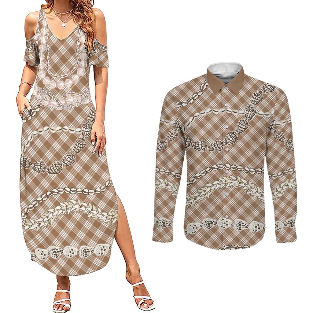 Brown Aloha Hawaii Shell Lei Couples Matching Summer Maxi Dress and Long Sleeve Button Shirt Palaka Hebrew Cone Honey Cowrie Elegant Curves - Polynesian Pride