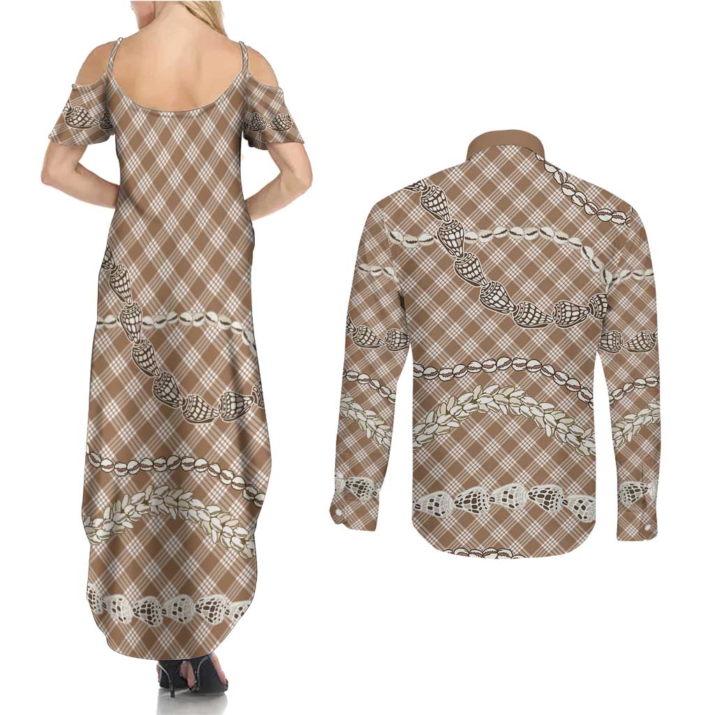 Brown Aloha Hawaii Shell Lei Couples Matching Summer Maxi Dress and Long Sleeve Button Shirt Palaka Hebrew Cone Honey Cowrie Elegant Curves LT14 - Polynesian Pride