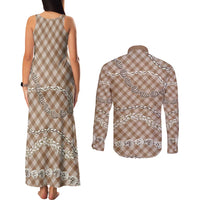 Brown Aloha Hawaii Shell Lei Couples Matching Tank Maxi Dress and Long Sleeve Button Shirt Palaka Hebrew Cone Honey Cowrie Elegant Curves LT14 - Polynesian Pride