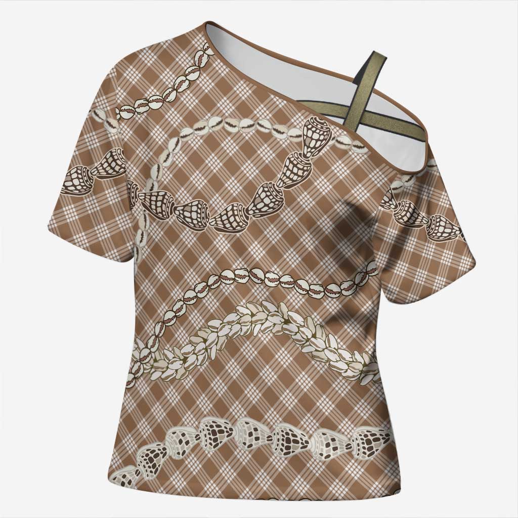 Brown Aloha Hawaii Shell Lei Cross Shoulder Shirt Palaka Hebrew Cone Honey Cowrie Elegant Curves - Polynesian Pride