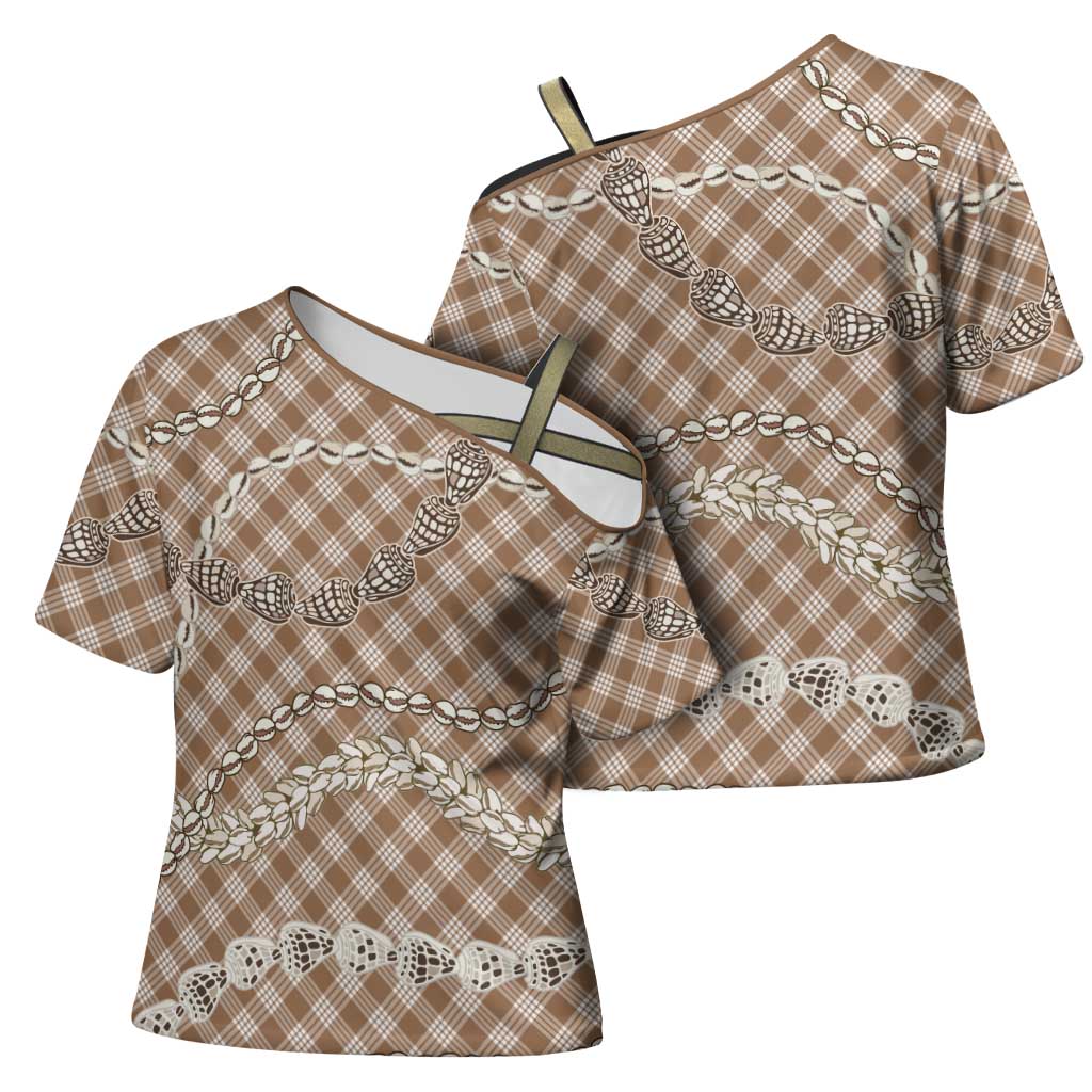 Brown Aloha Hawaii Shell Lei Cross Shoulder Shirt Palaka Hebrew Cone Honey Cowrie Elegant Curves - Polynesian Pride