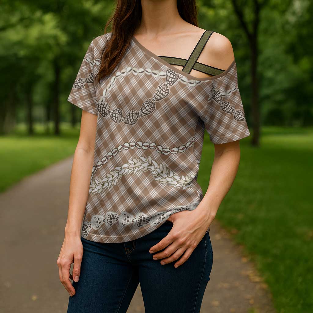 Brown Aloha Hawaii Shell Lei Cross Shoulder Shirt Palaka Hebrew Cone Honey Cowrie Elegant Curves - Polynesian Pride