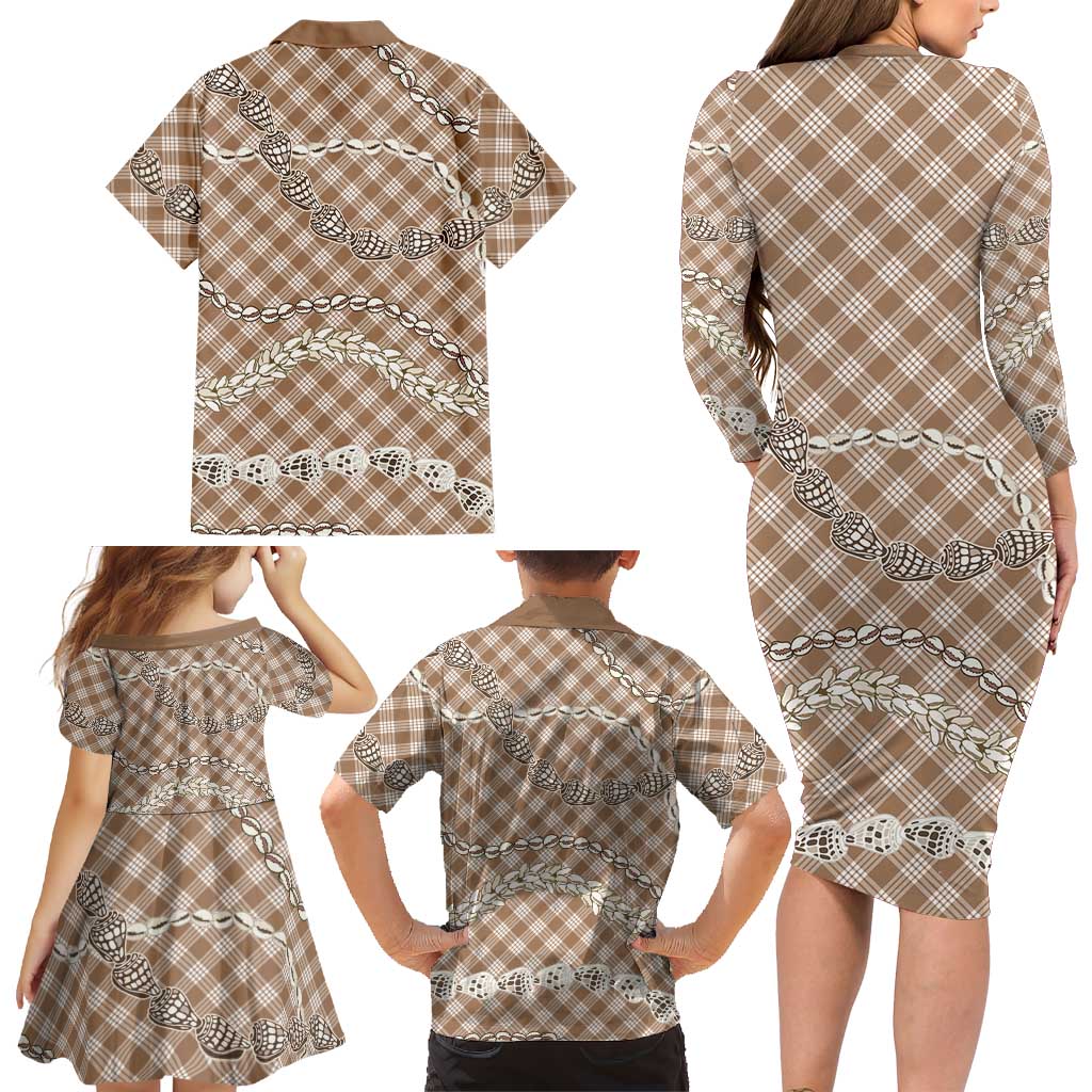 Brown Aloha Hawaii Shell Lei Family Matching Long Sleeve Bodycon Dress and Hawaiian Shirt Palaka Hebrew Cone Honey Cowrie Elegant Curves LT14 - Polynesian Pride