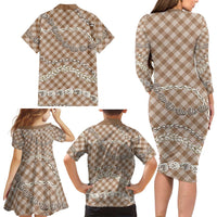 Brown Aloha Hawaii Shell Lei Family Matching Long Sleeve Bodycon Dress and Hawaiian Shirt Palaka Hebrew Cone Honey Cowrie Elegant Curves LT14 - Polynesian Pride