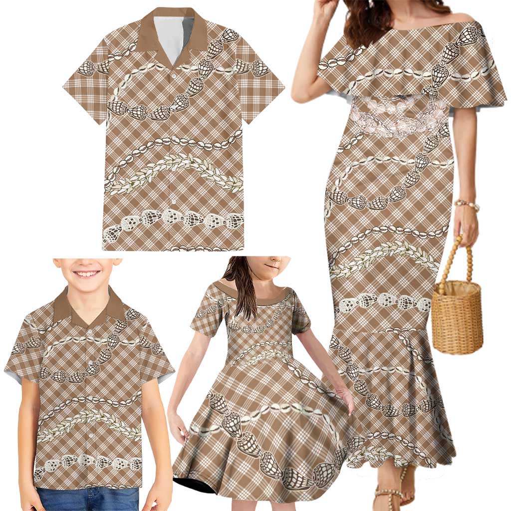 Brown Aloha Hawaii Shell Lei Family Matching Mermaid Dress and Hawaiian Shirt Palaka Hebrew Cone Honey Cowrie Elegant Curves - Polynesian Pride