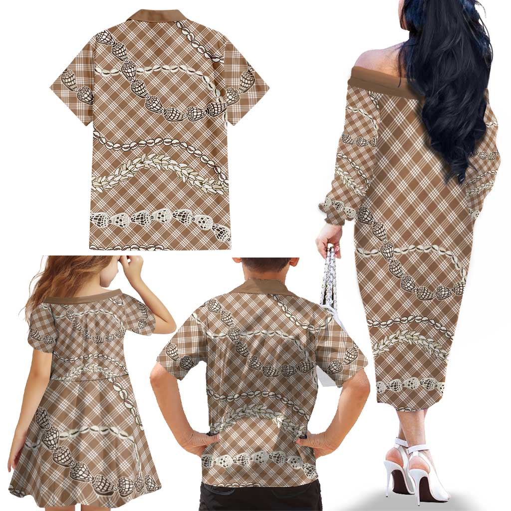 Brown Aloha Hawaii Shell Lei Family Matching Off The Shoulder Long Sleeve Dress and Hawaiian Shirt Palaka Hebrew Cone Honey Cowrie Elegant Curves LT14 - Polynesian Pride