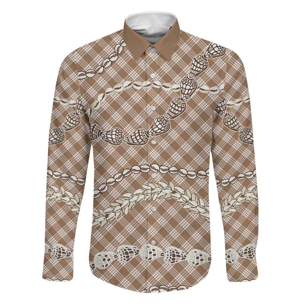 Brown Aloha Hawaii Shell Lei Family Matching Off The Shoulder Long Sleeve Dress and Hawaiian Shirt Palaka Hebrew Cone Honey Cowrie Elegant Curves LT14 Dad's Shirt - Long Sleeve Brown - Polynesian Pride