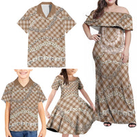 Brown Aloha Hawaii Shell Lei Family Matching Off Shoulder Maxi Dress and Hawaiian Shirt Palaka Hebrew Cone Honey Cowrie Elegant Curves LT14 - Polynesian Pride