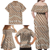 Brown Aloha Hawaii Shell Lei Family Matching Off Shoulder Maxi Dress and Hawaiian Shirt Palaka Hebrew Cone Honey Cowrie Elegant Curves LT14 - Polynesian Pride