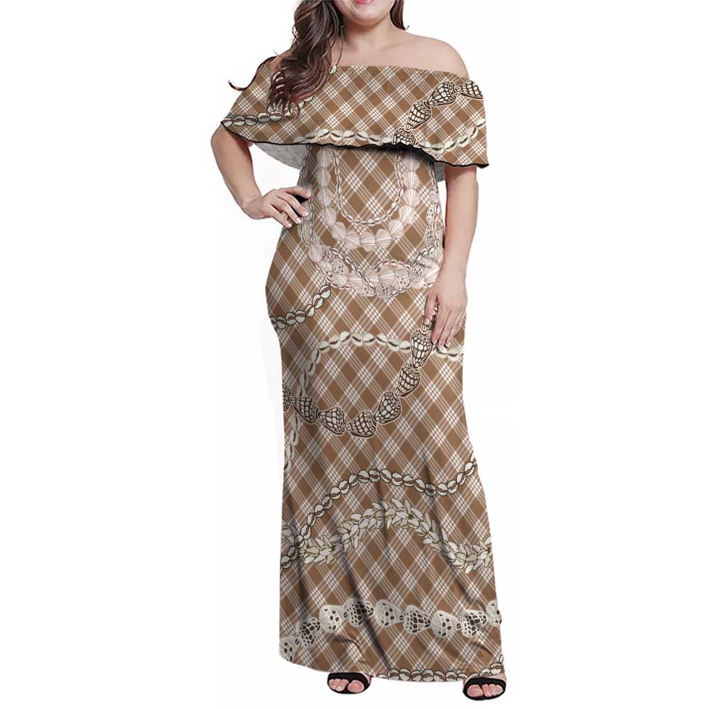 Brown Aloha Hawaii Shell Lei Family Matching Off Shoulder Maxi Dress and Hawaiian Shirt Palaka Hebrew Cone Honey Cowrie Elegant Curves LT14 Mom's Dress Brown - Polynesian Pride