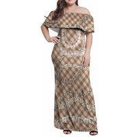 Brown Aloha Hawaii Shell Lei Family Matching Off Shoulder Maxi Dress and Hawaiian Shirt Palaka Hebrew Cone Honey Cowrie Elegant Curves LT14 Mom's Dress Brown - Polynesian Pride