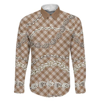 Brown Aloha Hawaii Shell Lei Family Matching Off Shoulder Short Dress and Hawaiian Shirt Palaka Hebrew Cone Honey Cowrie Elegant Curves LT14 Dad's Shirt - Long Sleeve Brown - Polynesian Pride