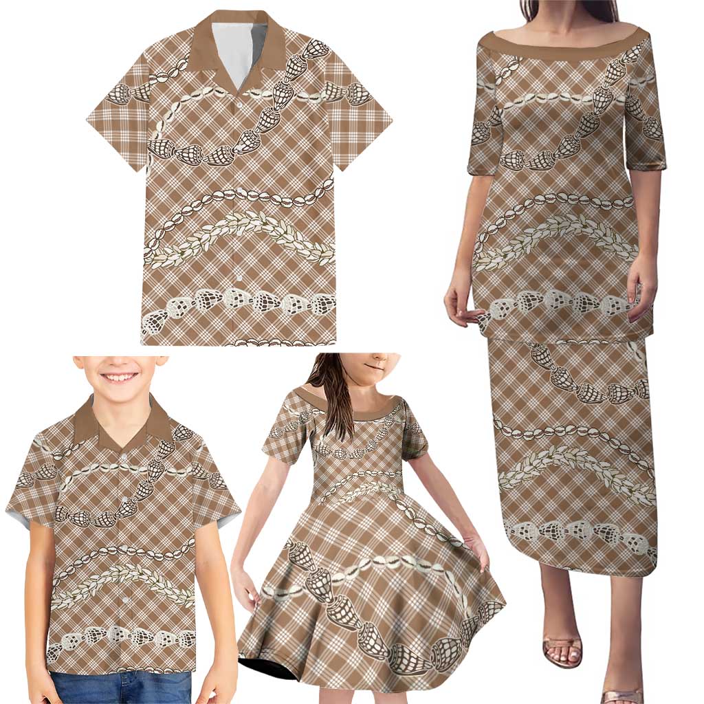 Brown Aloha Hawaii Shell Lei Family Matching Puletasi and Hawaiian Shirt Palaka Hebrew Cone Honey Cowrie Elegant Curves - Polynesian Pride