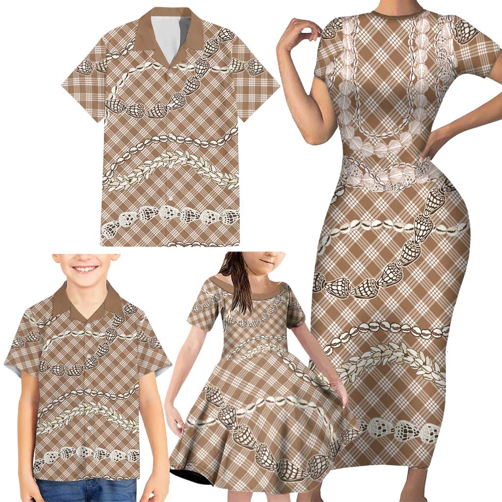 Brown Aloha Hawaii Shell Lei Family Matching Short Sleeve Bodycon Dress and Hawaiian Shirt Palaka Hebrew Cone Honey Cowrie Elegant Curves LT14 - Polynesian Pride